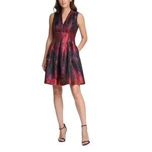 Vince Camuto Dress 6 Black Red Pink Metallic Jacquard Sleeveless Fit Flare